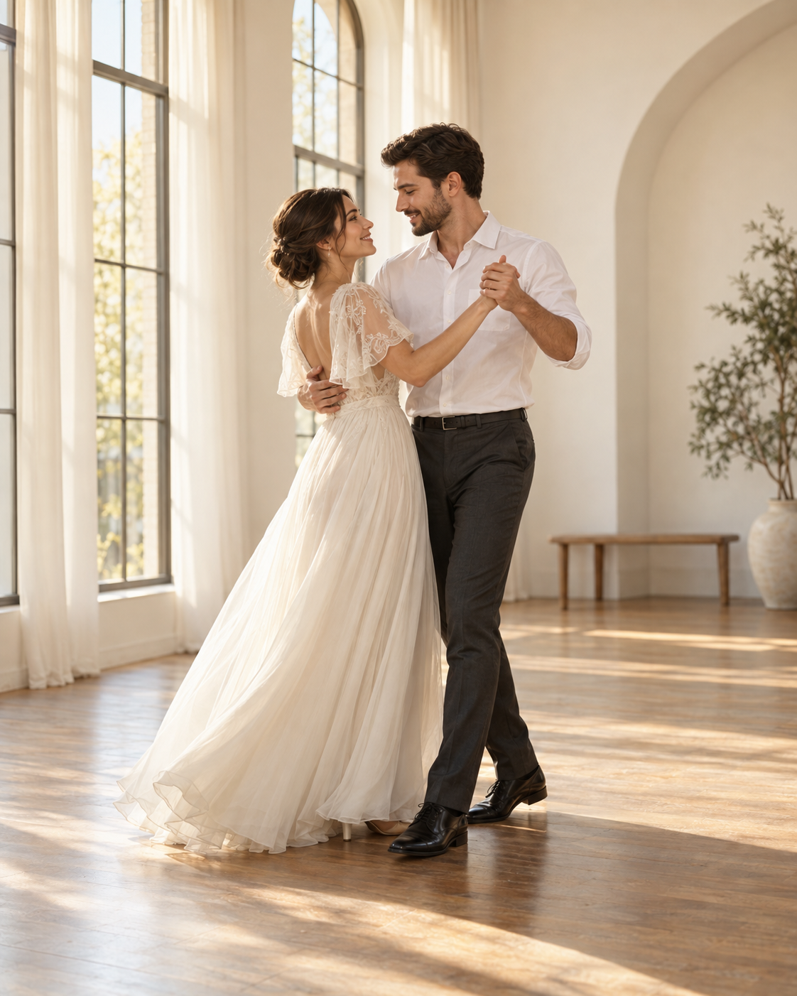 Gün ışığı alan bir stüdyoda ilk dansını prova eden gelin ve damat